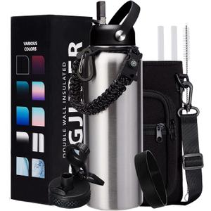 40oz Stainless Steel Water Bottle - Wide Mouth Vacuum Insulated Metal Water Bottle with Straw Lid & Paracord Handle, Sweat-Proof Water Flask Thermo Metal Mug with Strap for Gym Camping Hiking