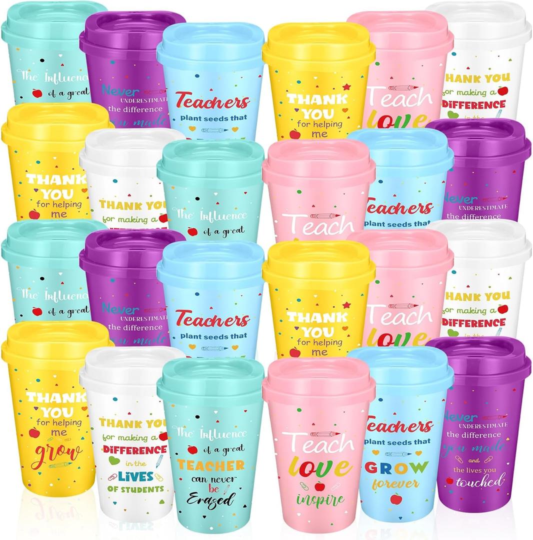24 Pack Teacher Appreciation Gifts in Bulk, 12oz Teacher Cups with Lids Reusable Plastic Coffee Cups Tumblers Inspirational Thank You Gifts for Women, Men, Coworker, Staff, Graduation