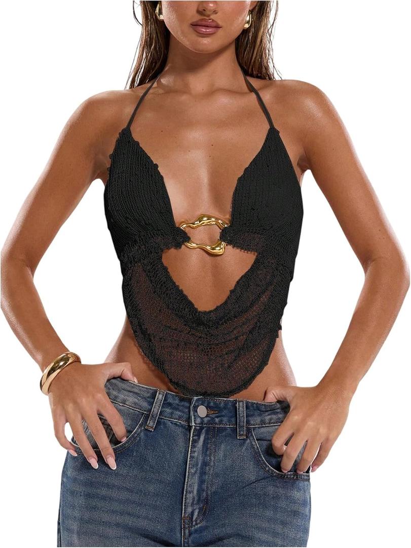 MakeMeChic Women's Summer Crochet Halter Tank Top Open Back Draped Front Rave Festival Vacation Going Out Tops (Black, M)
