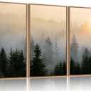 FWIEXA Misty Forest Wall Art Canvas Set, Framed Mountain Wall Decor, 3 Piece Nature Wall Painting, Foggy Pine Tree Landscape Artwork, 16x24 Inches Green Pictures for Living Room, Bedroom, Office, Gift