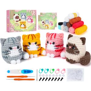Crochet Kit for Beginners -4 PCS Cat Crochet Kit with Step-by-Step Video Tutorials, Learn to Crochet Kits for Adults, Beginner Crochet Kits for Adults, Animals Cat Crafts Knitting Kit Galentines Gifts