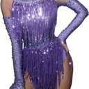 Women's Latin Dance Leotard Pole Dance Performance Costume Sequins Tassel Bodysuit Birthday Cocktail Party Dresses (Purple, S)