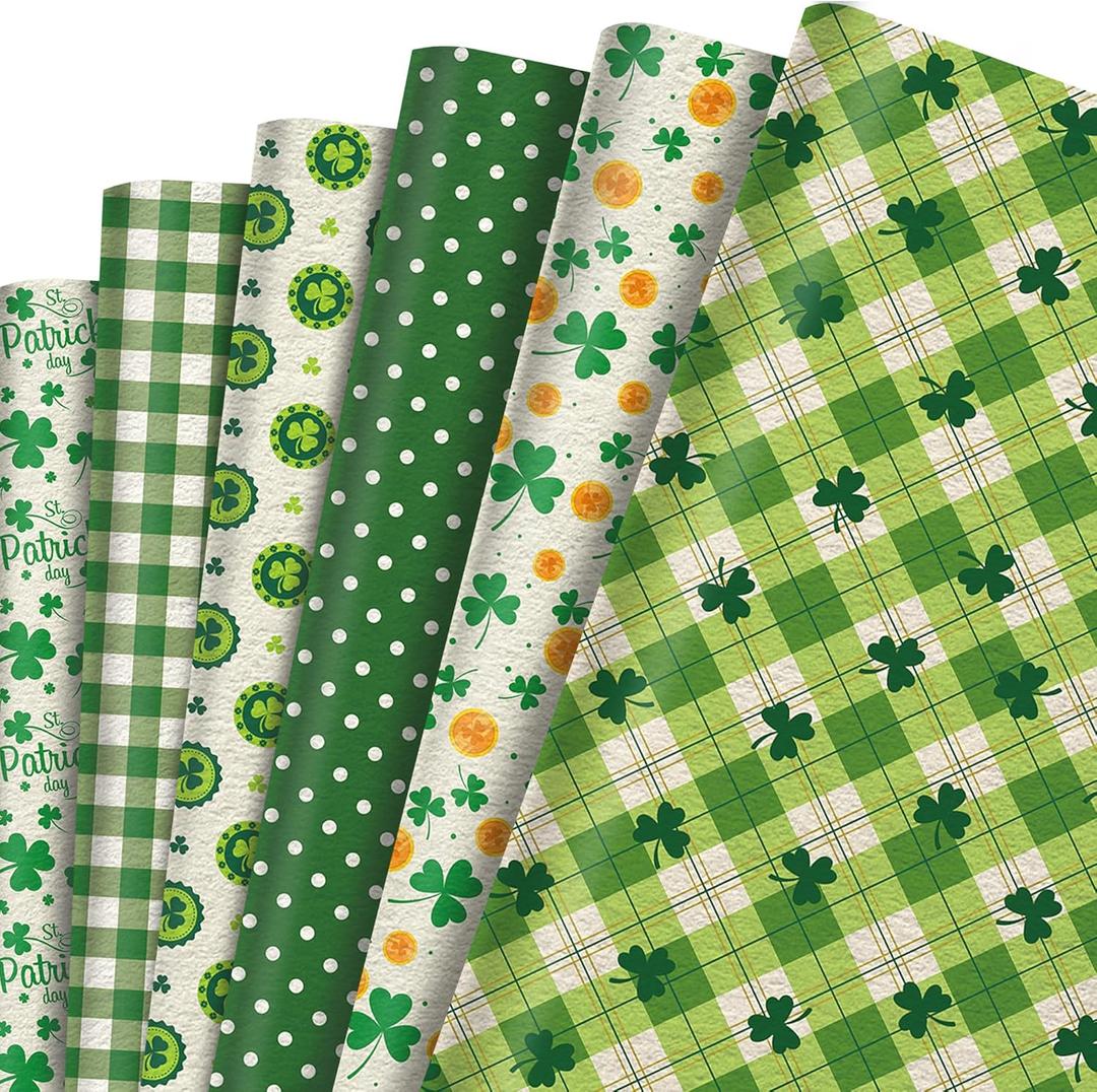 NinkyNonk 12 Sheets Retro Shamrock Gifts Wrapping Paper, 20 x 27in Watercolor Clover Plaids Coins Patterns Gift Wrap Paper for St. Patrick's Day Irish Party Supplies