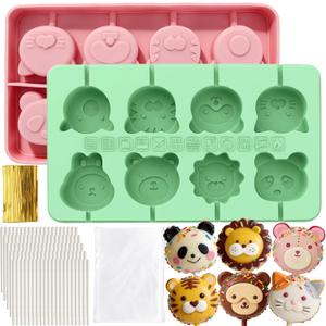 Juome Cake Pop Mold Kit, 2 Pack 16 Cavities Animal Shape Cakesicle Molds Silicone with 100 Wooden Sticks&100 Packaging Bags, Cake Pop Maker Supplies Accessories, Baking Tools for Home Baking Desserts