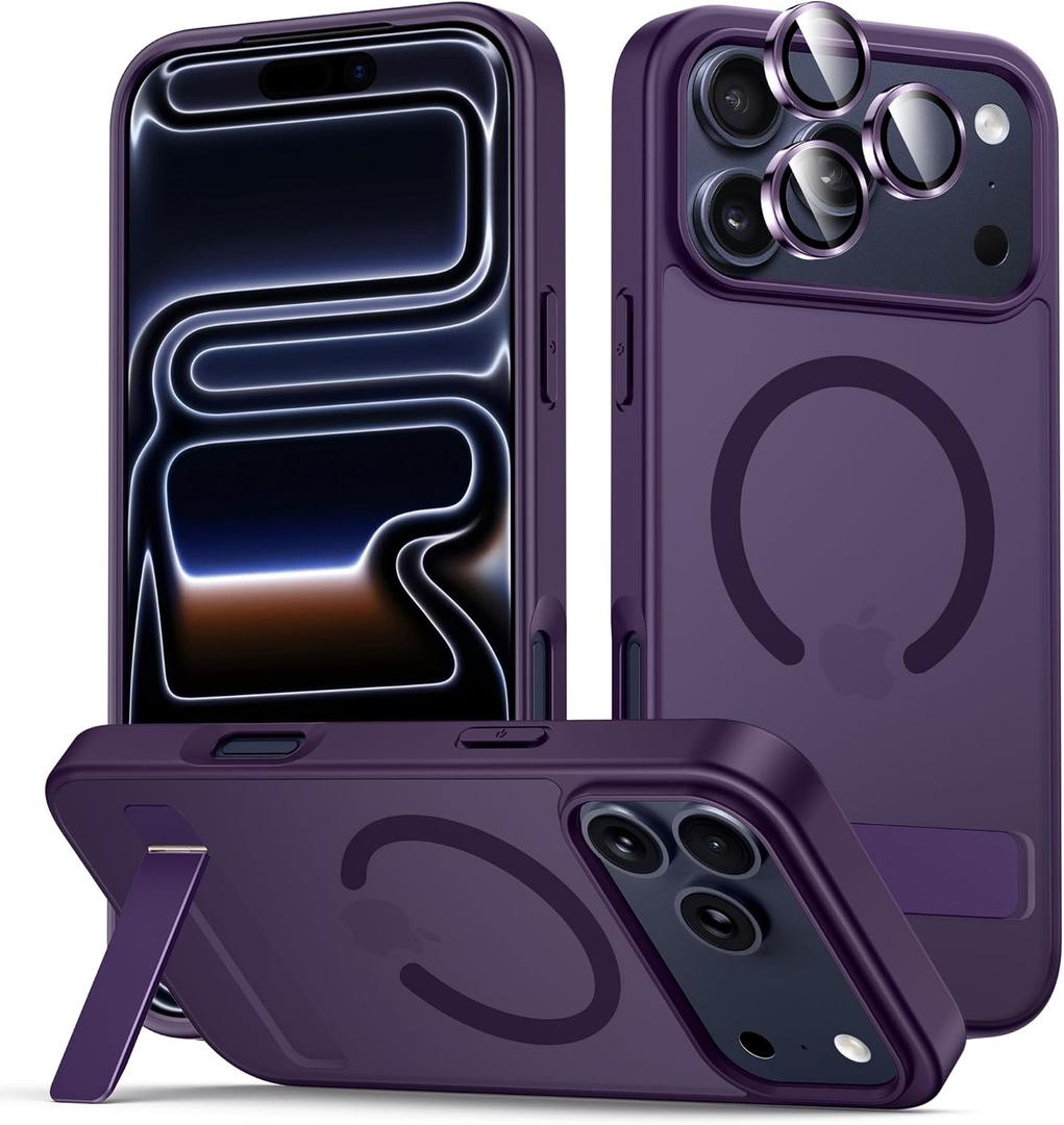 for iPhone 17 Pro Case with Stand, Compatible with MagSafe, Camera Lens Protector, Translucent Matte Slim Silicone Shockproof Magnetic Phone Cover, Purple
