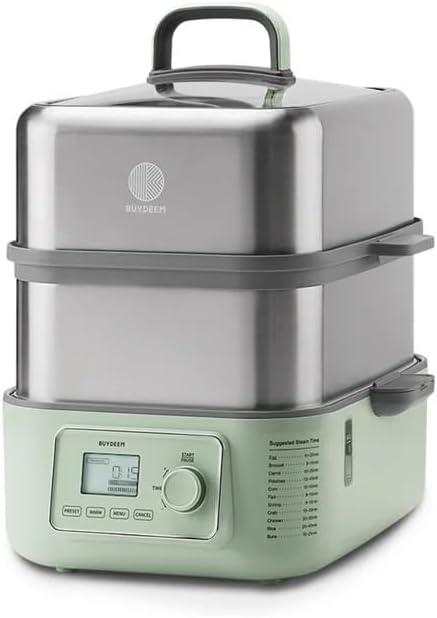 BUYDEEM G67US-A503 Electric Food Steamer for Cooking, 2 Tire Stainless Steel Steamer with Manual Mode, 1500W, 14 Quart, Green