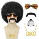 Mens Afro Wigs for 70s Rocker Disco Party 5pcs Set (Wig+ Glasses+ Disco Necklace+ Mustache+ Wig Cap) Afro Puff Wigs for 70s 80s Halloween Costume Cosplay Party Use (Black)