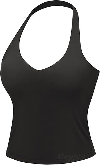 VOYJOY Women Halter Crop Top Padded V Neck Backless Sleeveless Workout Halter Tank Tops Going Out Yoga Gym Clothes (Large, Black)