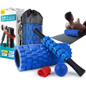 5 in 1 Foam Roller Set for Deep Tissue Muscle Massage, High Density Trigger Point Fitness Patented Exercise Foam Roller, Massage Roller, Massage Ball, Resistance Band, for Whole Body