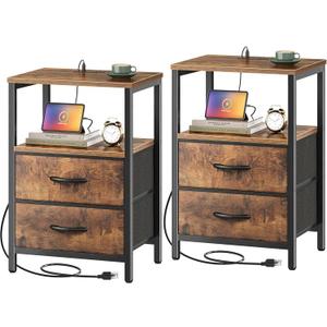 Huuger Nightstands Set of 2, End Tables with Charging Station, Fabric Drawers, Bedside Tables with USB Ports and Outlets, Night Stands for Bedroom, Rustic Brown