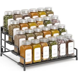 RUILALIFE 4-Tier-Spice-Rack-Organizer-for-Cabinet, Adjustable Depth Spice Holder Shelf For Countertop Pantry Cupboard, Metal Tiered Seasoning Organizer,Display Shelf Riser (Black-1 Pack)