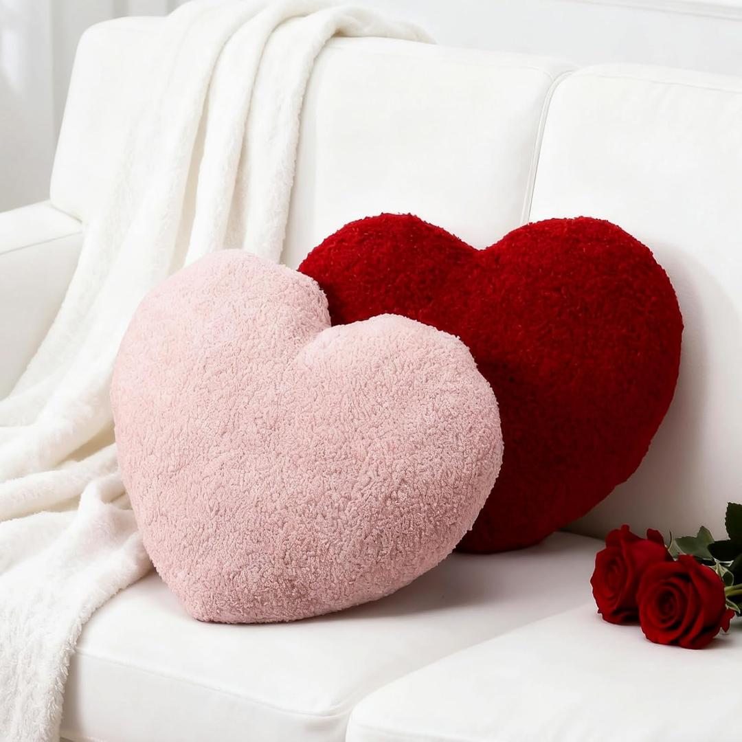Kathfly 2 Pcs Valentine's Day Heart Pillows 17 Inch Red and Pink Heart Shaped Gifts Large Hooked Wool Throw Pillow for Couples Wedding Couch Bed Sofa Home Living Bedroom Indoor