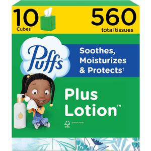Puffs Facial Tissues Plus Lotion, 10 Cube Boxes, 56 Facial Tissues per Box, Allergies and Colds