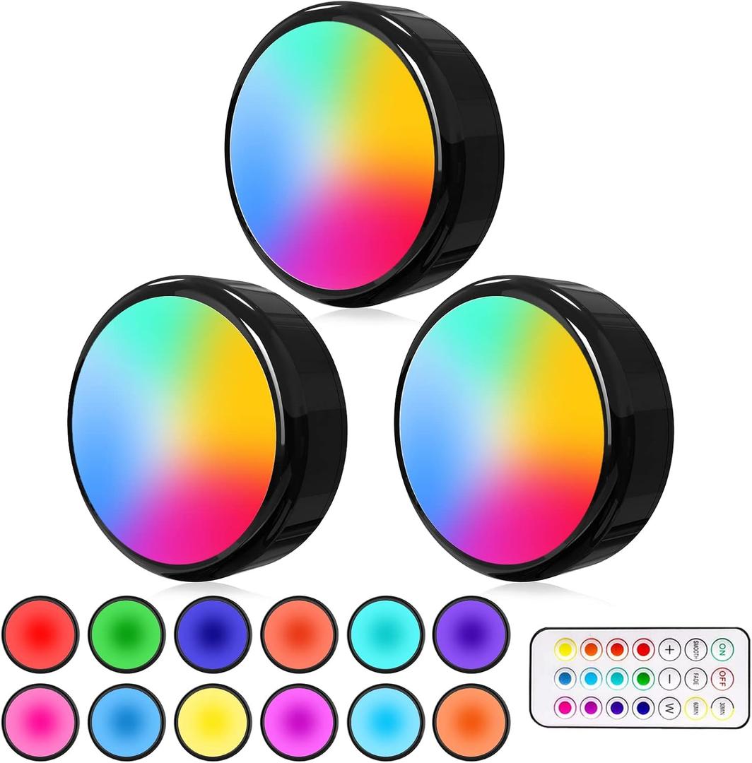 ILYXY LED Puck Lights with Remote, 3 Pack Under Cabinet Lighting, Battery Operated Push Light, Dimmable & Color Changing Tap Lights, Stick-On, Shiny Black