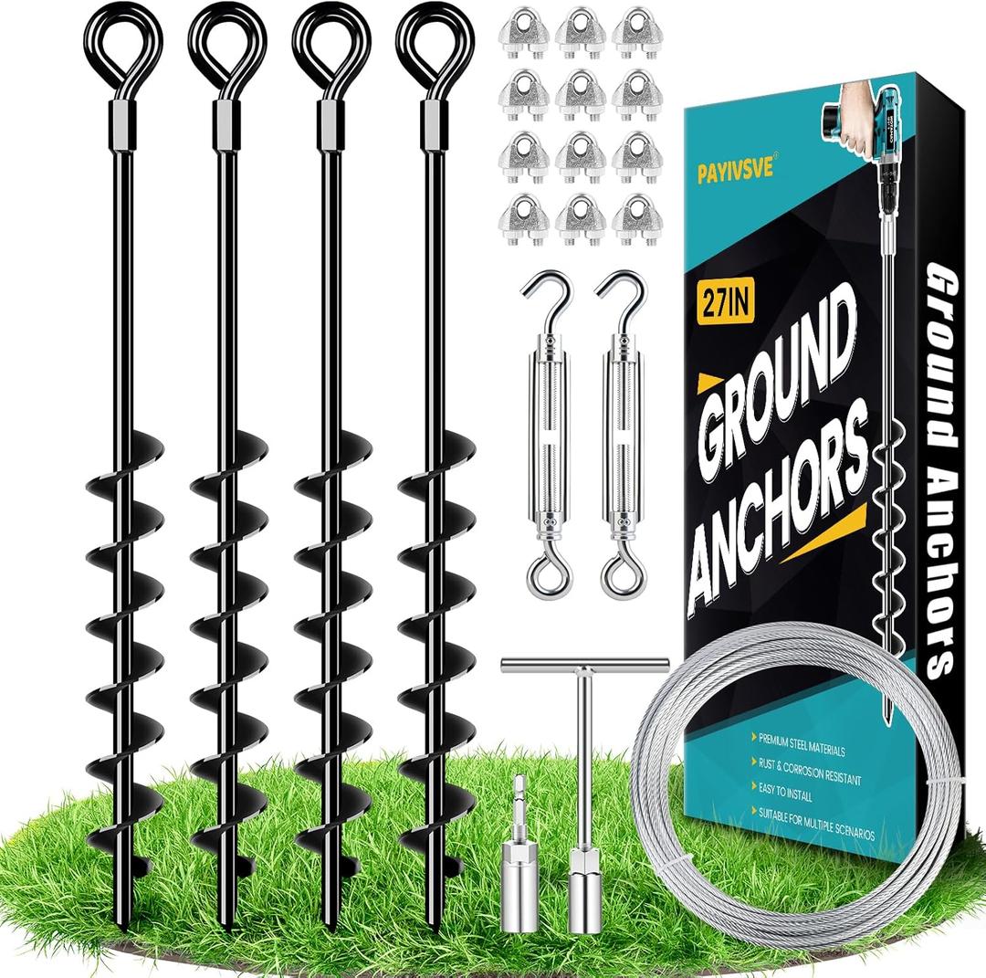 27" Ground Anchors Heavy Duty Shed Anchors Kit, Mobile Home Anchor with 3/16" Galvanized Cable and Turnbuckles for Sheds Canopy Gazebo Trampoline Swing Set(4x27in)
