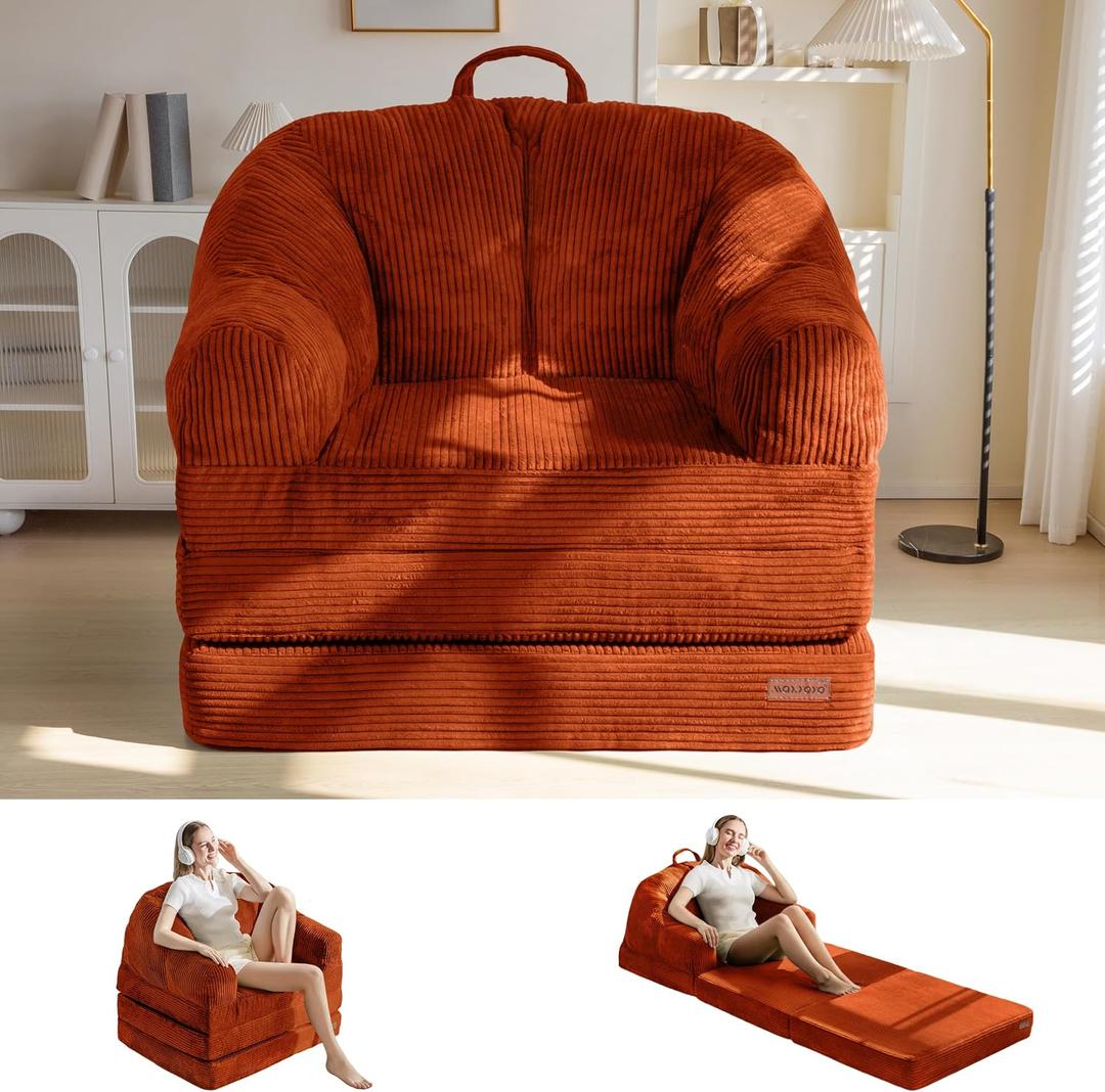 MAXYOYO Folding Sofa Bed with Backrest, Boneless Fold Out Couch Bed with Handle, 2 in 1 Convertible Bean Bag Chair to Floor Sofa Lounger, Comfy Folding Couch for Bedroom & Living Room, Orange