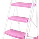 3 Step Ladder, Portable Folding Step Stool with Wide Anti-Slip Pedal, 500lbs Sturdy Steel Ladder, Convenient Handgrip, Lightweight for Household, Kitchen, Office (Pink)