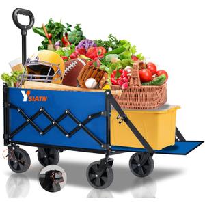 Collapsible Folding Wagon Cart with Tailgate - 300lbs Heavy Duty Foldable Utility Wagon and Brake Wheels - 100L Lightweight Grocery Wagons for Shopping Camping Sports Garden, Blue