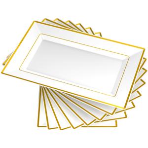 FOCUSLINE 8 PCS Plastic Serving Trays, White and Gold Rim Plastic Serving Platters, Disposable Tray for Food, Perfect for Wedding Parties