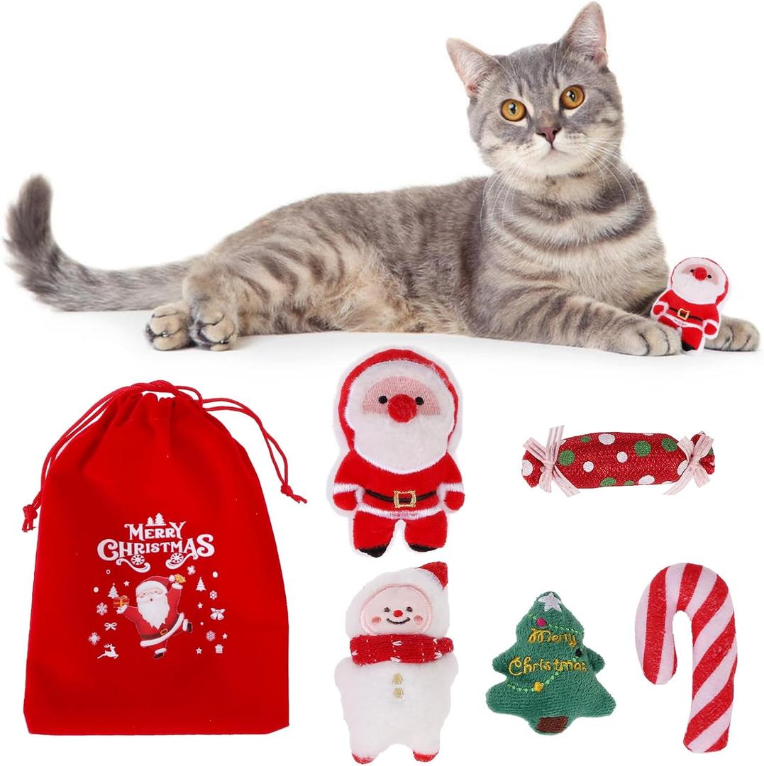 KOOLTAIL Christmas Cat Catnip Toys, 4 Pack Durable Soft Santa Claus Christmas Tree Candy Toy Filled with Natural Catnip, Interactive Bite Resistant Chew Teeth Cleaning Gift for Indoor Cats Kitten (Red)