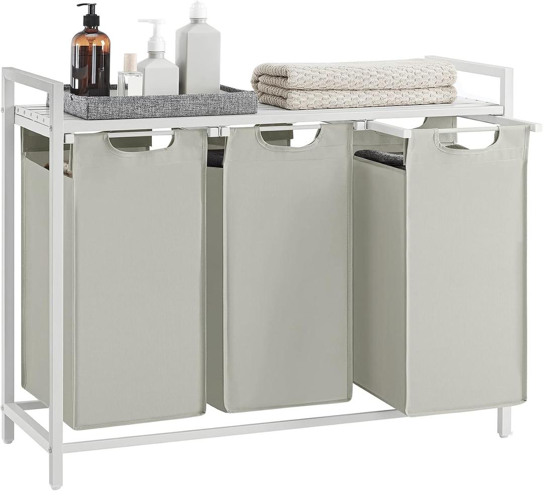 VASAGLE Laundry Hamper, Laundry Basket, Laundry Sorter with 3 Pull-Out and Removable Bags, Shelf, Metal Frame, 3 x 10.6 Gallons (40 L), 36.4 x 13 x 28.4 Inches, Cream White and Cloud White UBLH301W01, 3 Bags - 120 L