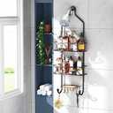 LEVERLOC Shower Caddy Over Shower Head Anti-Swing with Strong Suction Cup, Bathroom Organizer Hanging Rustproof with Hooks for Razor Towel and Sponge, Shelf for Bathroom, Metal Black