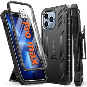 FNTCASE for iPhone 13 Pro-Max Case: Military Grade Shockproof Full Protective Rugged Cell Phone Cover with Kickstand & Belt-Clip Holster, Drop Proof Hard 13 Pro-Max Cases 5G - 6.7 Inch Black