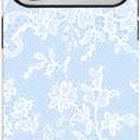 for iPhone 17 Pro Case, Cute Vintage Lace Flower Pattern Phone Case for Women Girls, Aesthetic Elegant Hybrid 2-Layer Hard Shell Protective Cover, Blue & White Floral Lace