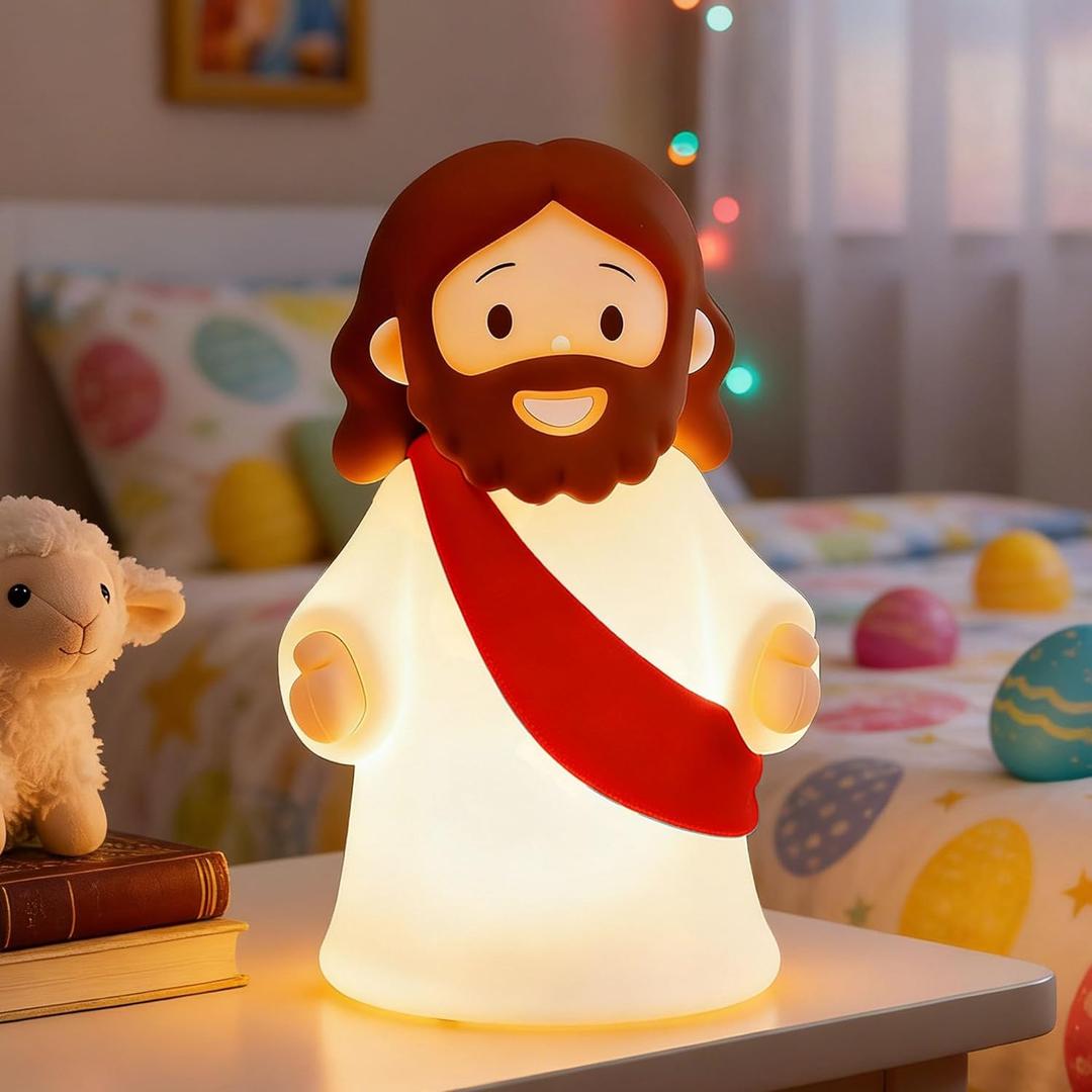 Jesus Night Light Rechargeable Bedside Night Light Dimmable Silicone LED Light Ideal for Religious Gatherings, Gifts for Sunday School, Baptism Presents, Easter Egg Decorations (red)