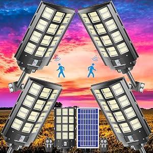Vzyhik 4-Pack 8000W,240000LM Solar Street Light,Wide Angle Lamp, Waterproof IP67,with Remote Control & Motion Sensor,The Ultimate Lighting Solution for Parking Lots and Beyond