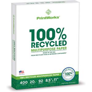 PrintWorks 100% Recycled Printer Paper 8.5" x 11" White - 20 lb Copy & Multipurpose Computer Paper - 1 Pack, 400 Sheets - Made in the USA - 92 Bright - Printer & Copier Compatible (00018)