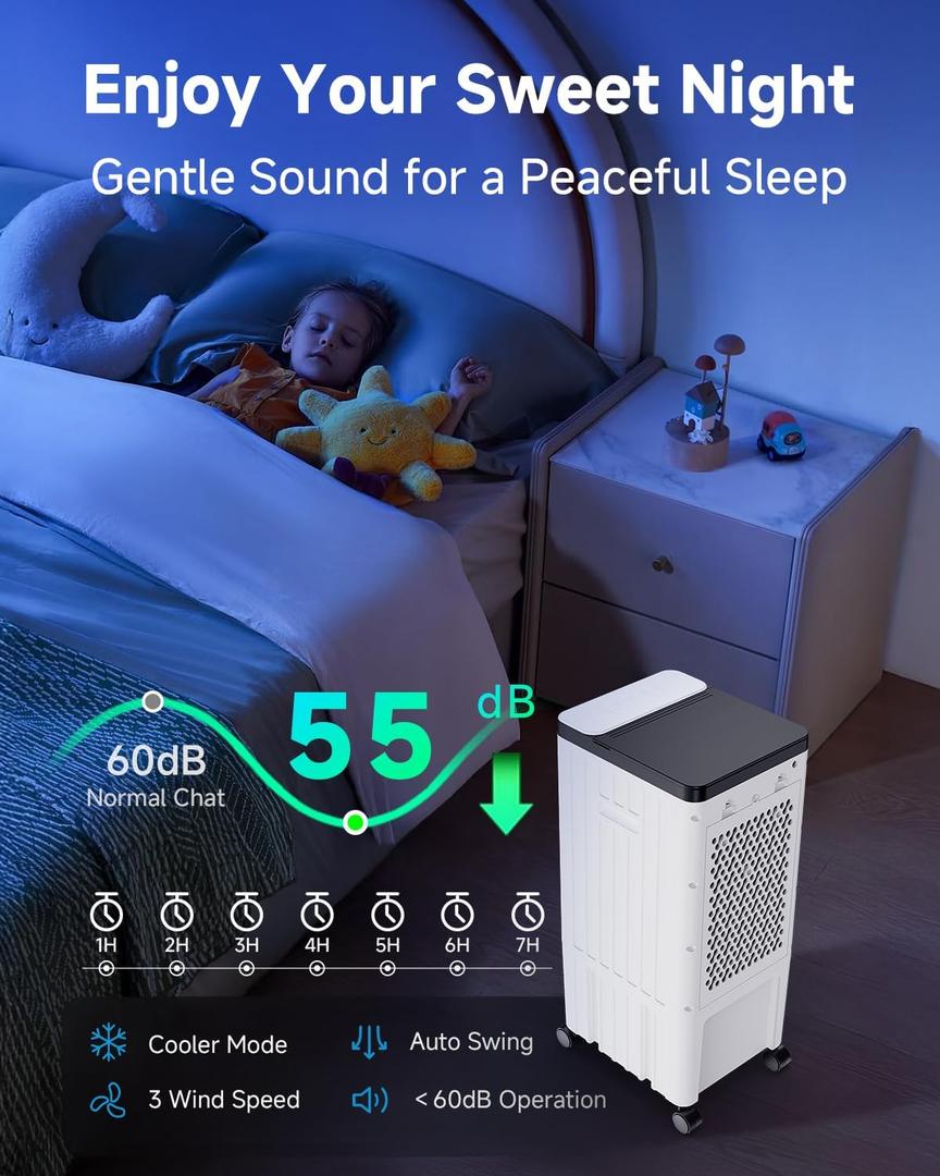 Windowless Portable Air Conditioners, Swamp Cooler with Oscillation, Evaporative Air Cooler with Remote, 7H Timer, Air Coolers Fan with 3Modes&Speeds for Bedroom Indoor Room ( 9L)