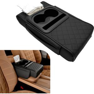 Car Center Console Cover, Upgrade 5-in-1 Genuine Leather Thickened Armrest Box, Armrest Storage Box with Cup, Universal Car Accessories Interior Organizers, for Most Cars (Black)
