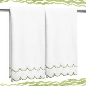 2 Pcs Scalloped Hand Towels 100% Cotton Hand Towels for Bathroom 15.75" x 27.56" 500 GSM Cute Soft Absorbent Embroidered for Hotel Spa Sport Yoga(Sage Green)