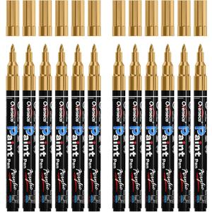 Overseas Paint Markers Pens - Gold Permanent Markers Acrylic Paint Pens 12 Pack, Water Based, Waterproof, 0.7mm Extra Fine Tip Acrylic Marker for Wood, Metal, Rock, Plastic, Glass, Canvas, Fabric