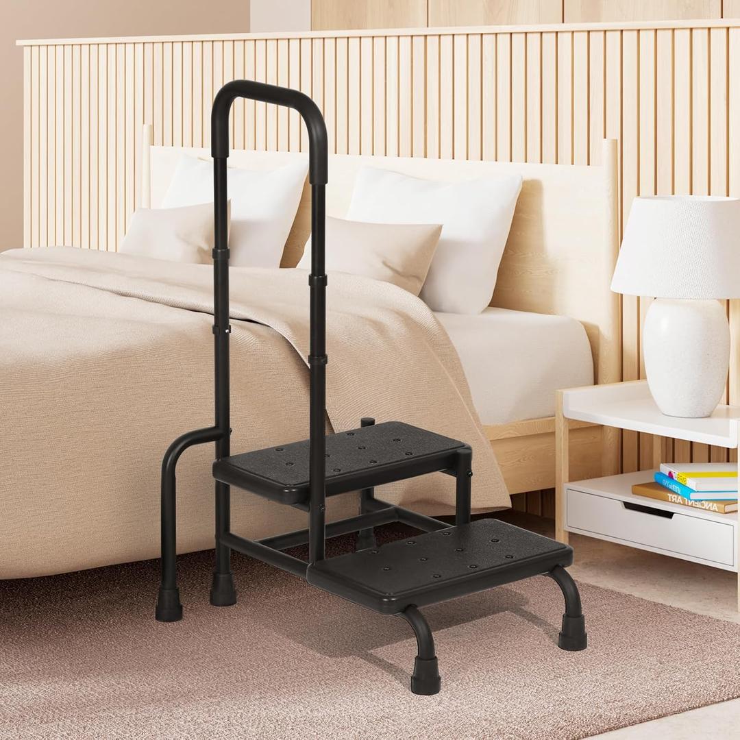 Step Stool with Handle, Medical 2 Step Stool for Elderly with Adjustable Handrail and Reinforced Leg, Bed Steps for High Beds for Adults, Seniors, Handicap, 350LBS