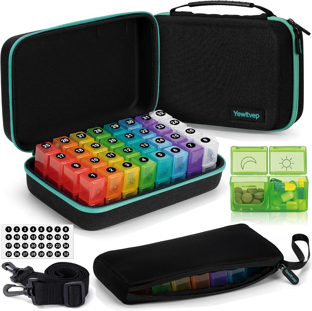 Monthly Pill Organizer 2 Times a Day with Weekly Pill Bag, 30 Day Pill Organizer 2 Times a Day with 32 Compartments, Monthly Stickers, Shoulder Strap, Hard Travel Case Medicine Vitamins Case