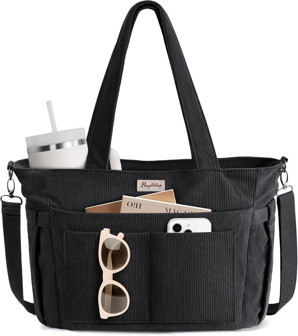 Corduroy Tote Bag for Women, 17 Pockets Laptop Work Tote Bag Lightweight Teacher Nurse Bible Bag for School Travel | with 40oz Cup Holder, Multi Compartment, Zipper Crossbody Bag, College Shoulder Bag, Daily Purse w/ Strap, Ideal Gift for Women (Black)