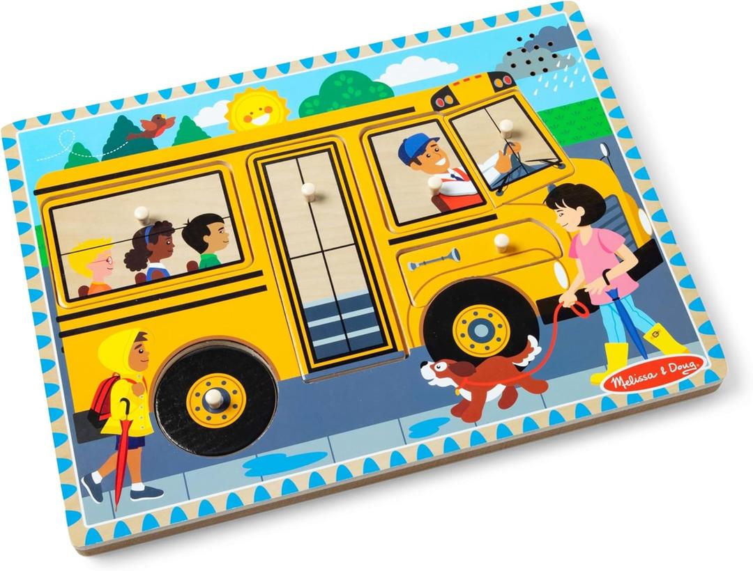 Melissa & Doug The Wheels on The Bus Song Puzzle – 8Piece Wooden Peg Puzzle with LightActivated Sounds, Music Learning Toy for Toddlers and Preschoolers Ages 2+