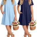 Oakgarden 2 Pack Girls Dress 5-14Y with 2 Pockets Kids Short Sleeve Crewneck Basic Dress Teen A-Line Casual Summer School(Light Blue, Navy Blue, 5-6 Years)