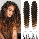Feather Crochet Hair Extensions for Women 18 Inch 100 Strands Micro Knots Hair Pre-Separated Invisible Human Hair Blend Synthetic Curly Deep Wave Crochet Hair(100strands Black to Blonde)