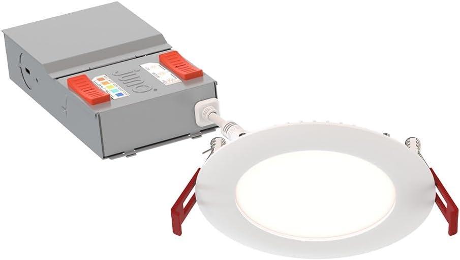 Juno WF4 ALO19 SWW5 90CRI MVOLT MW M6 Canless LED Wafer Downlight, Switchable White 2700K-5000K, Adjustable Lumens, Flat Trim, Matte White, 4-Inch