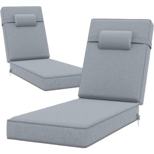 72 x 21 x 4 Inch Olefin Chaise Lounge Cushions, Lounge Chair Cushions with Headrest for Outdoor Furniture - Weather and Fade Resistant Patio Replacement Furniture Lounge Chair Cushion Set of 2 (Light Grey)