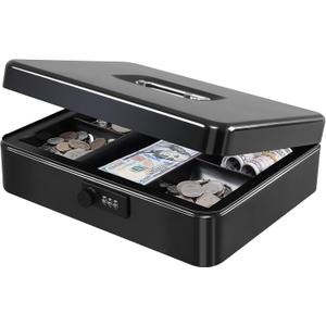 KYODOLED Metal Cash Box with Combination Lock Money Box for Cash Safe Metal Box with Money Tray for Security Lock Box 11.81"x 9.45"x 3.54" Black X Large