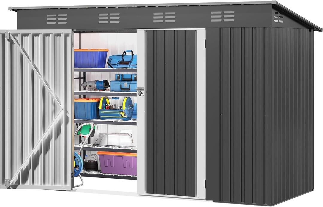 DWVO 9x4ft Large Outdoor Storage Shed, Metal Tool Sheds, Heavy Duty Tool Storage with Lockable Doors & Air Vent for Backyard Patio Lawn to Store Bikes, Tools, Lawnmowers,Dark Gray