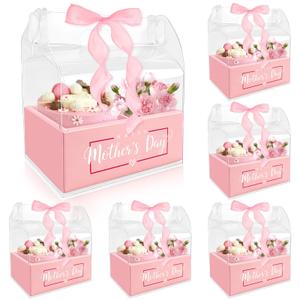 Noxglory 6 Set Mother Day Cake and Flower Clear Boxes Portable Clear Gift Box for Cake Flower Pack Together Transparent Gift Packaging with Ribbon for Mother Day Mom Wife Party