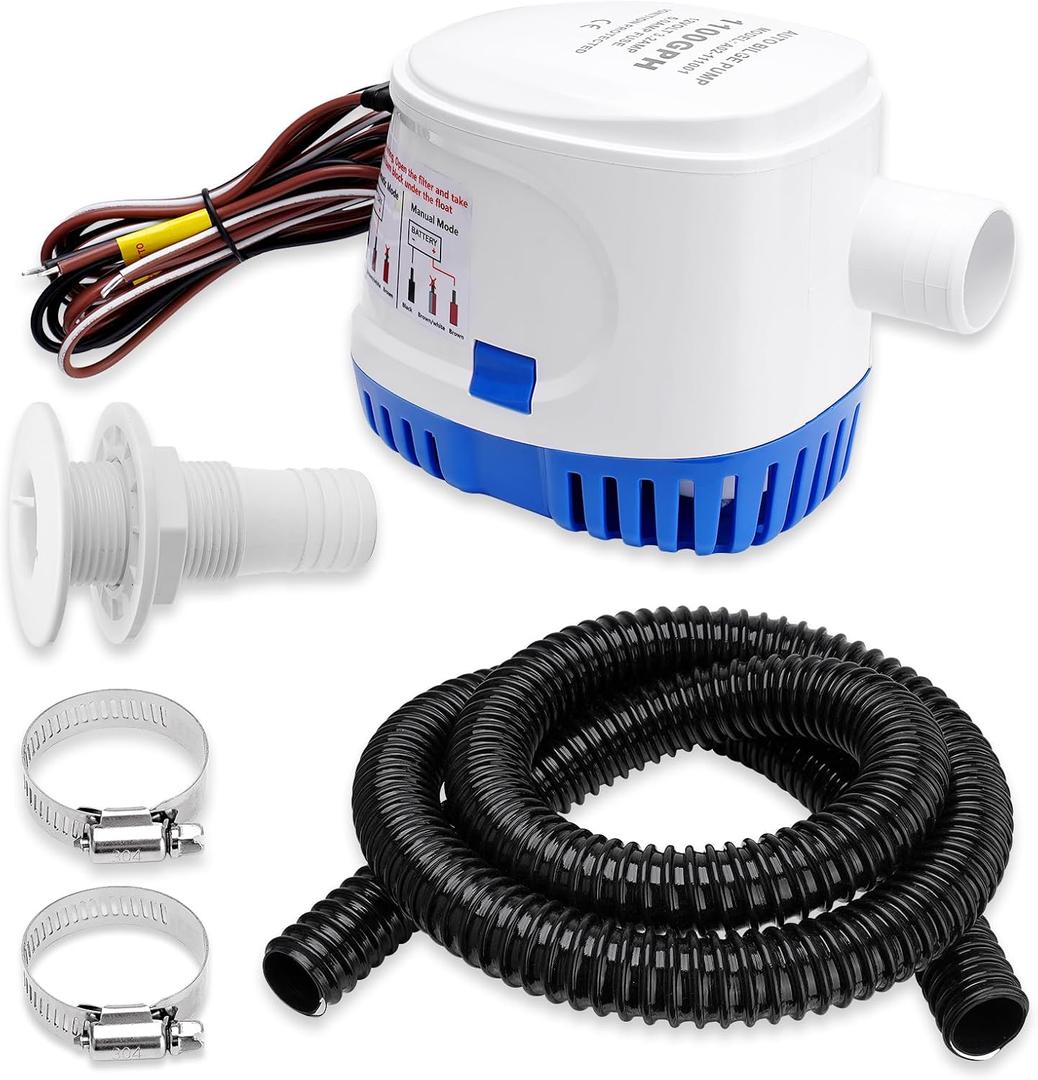 1100 GPH Automatic Boat Bilge Water Pump 12V, 1-1/8 Inch Dia Bilge Pump Plumbing Kit with 6FT Hose, 2 Clamps, Thru-Hull Fitting, Ideal for Fishing Boats, Cruisers, Runabouts, Yachts