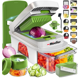 Mueller Pro-Series 10-in-1, 8 Blade Stainless Steel Multi Vegetable Chopper And Mandoline Slicer, Kitchen Tools and Gadgets, Food and Veggie Chopper, Mincer, Dicer, French Fry Cutter, White Sand/Pastel Green