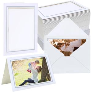 100 Pack Photo Frame Cards with Envelopes 4x6 Paper Picture Frame Bulk Blank Photo Insert Cards for Wedding,Graduation,Mother's Day, Classroom DIY - White with Silver Trim