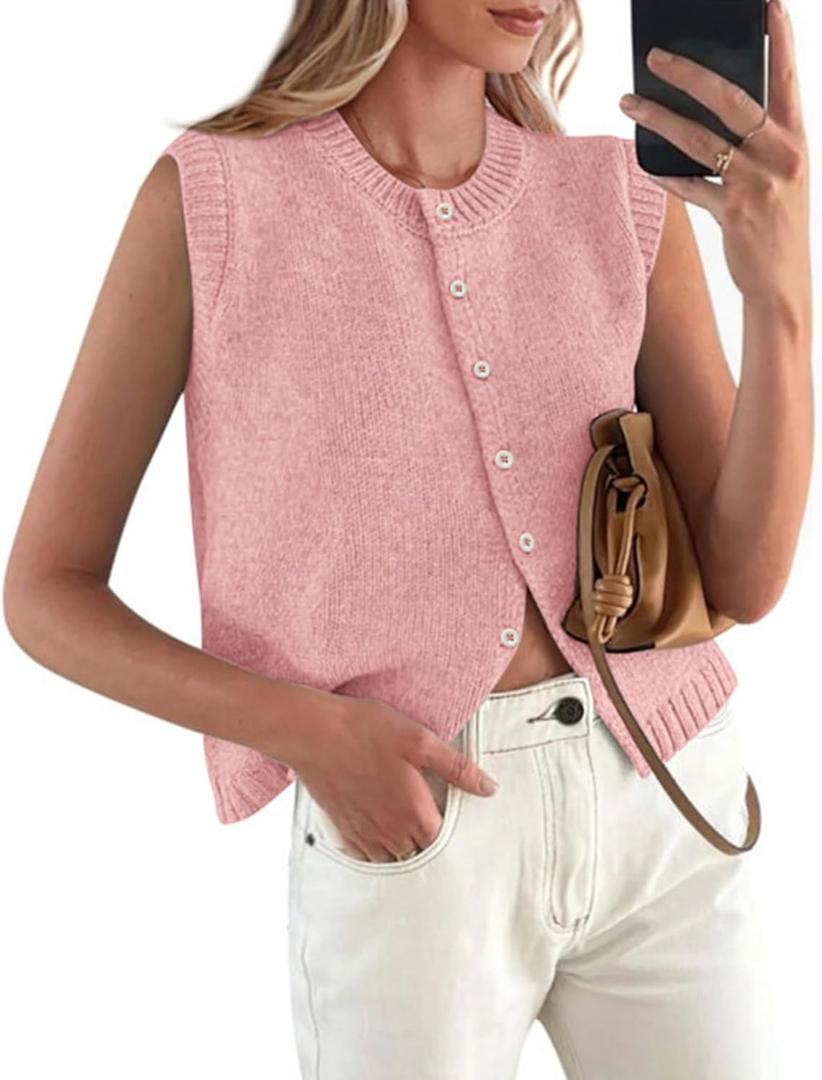 PRETTYGARDEN Sweater Vest Tops for Women 2026 Lightweight Summer Cardigan Sleeveless Button Up Knit Casual Spring Clothes (X-Large, Pink)